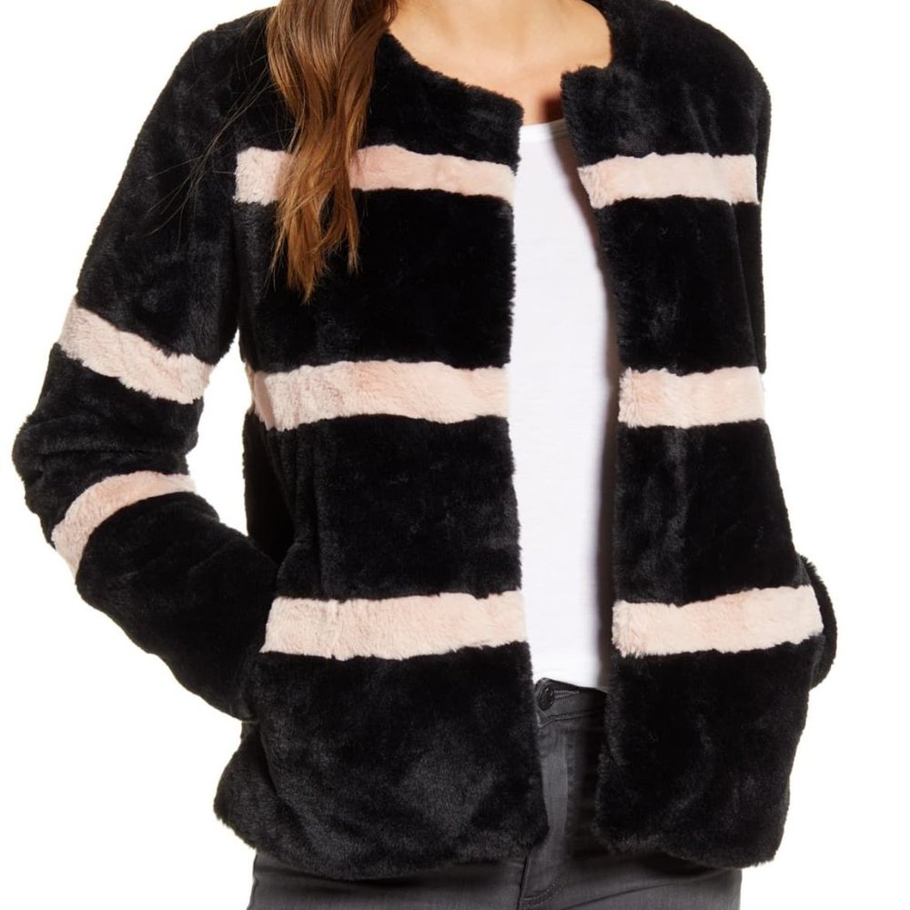 (NWT) Rachel Parcell - Faux fur black & pink stripe coat (large)